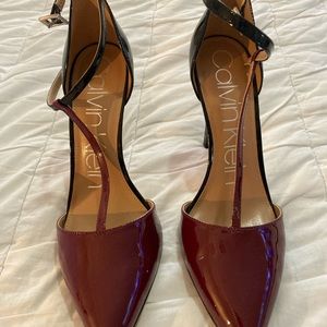 Calvin Klein Burgundy & Black strappy heels. Size 9.
